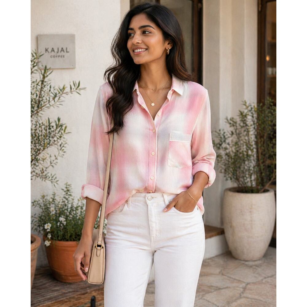 Victoria Secret Long Sleeve Pink Plaid Button Up 100% Cotton Shirt  Size M